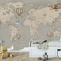 Kids Soft Brown Political World Map with Drawing Animals Wallpaper Mural