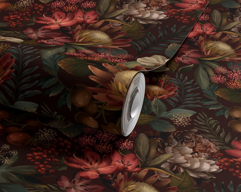 Dark moody floral wallpaper with cream peonies, coral lilies, berries and green foliage on chocolate brown