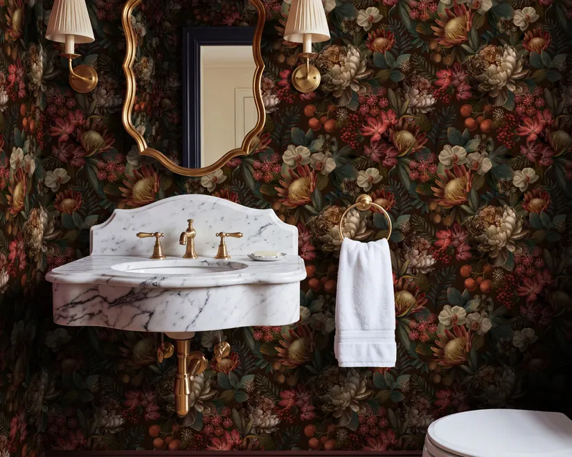 Dark moody floral wallpaper with cream peonies, coral lilies, berries and green foliage on chocolate brown
