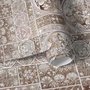 Antique wallpaper mural with Art Nouveau floral tile panels, sepia borders and blush botanical medallions