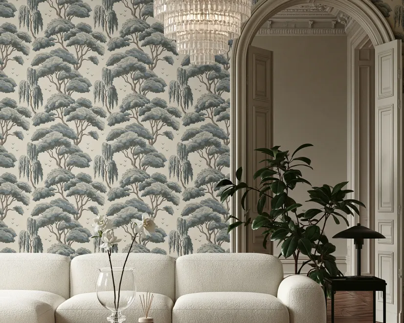 Vintage Japanese tree nature wallpaper with blue-grey canopies, willow foliage, birds and ivory-cream ground