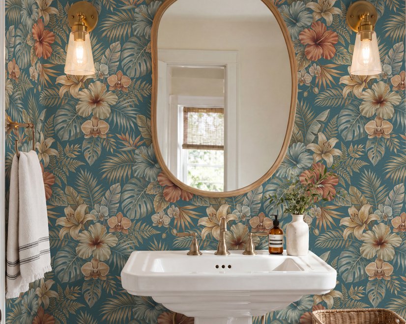 Blue tropical wallpaper with hibiscus, orchids, lilies, monstera leaves and palm fronds on a deep teal-blue ground