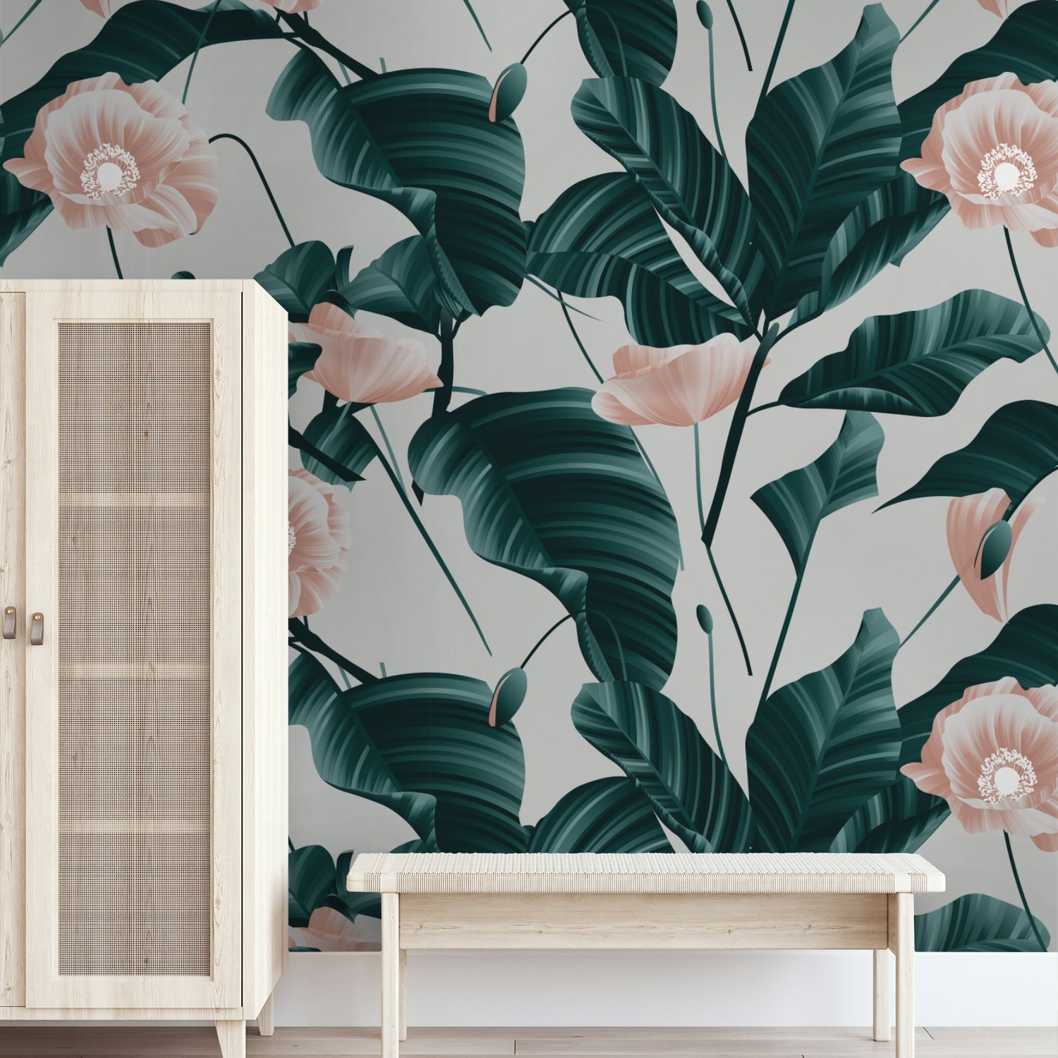Pink Flower and Leaves Wallpaper Mural - Peel and Stick