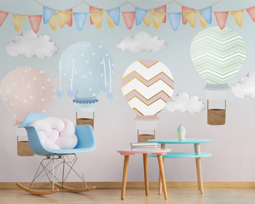 Kids Colorful Hot Air Balloon with Watercolor Flags Wallpaper Mural