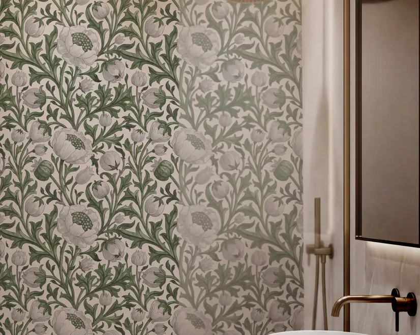 Sage green botanical floral wallpaper with white poppy flowers, lobed leaves and dotted seed centres