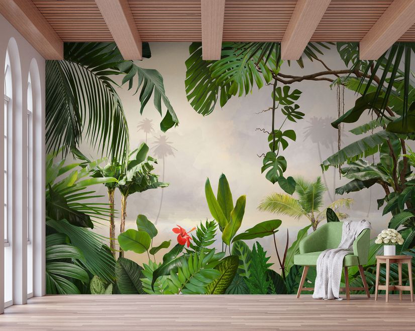 Realistic Tropical Jungle Plants Landscape Wallpaper Mural