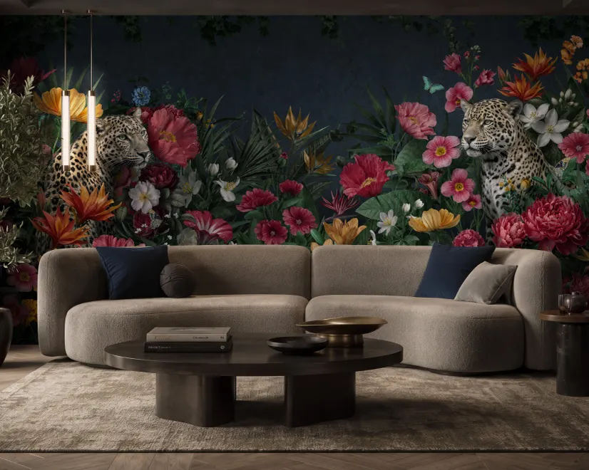 Elegante tropische botanische Blumen- und Leoparden-Fototapete