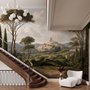 Vintage oil painting wallpaper of cypress trees, villas and a domed cathedral in an Italian landscape