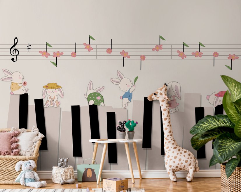 Cartoon Piano with Rabbits Wallpaper Mural