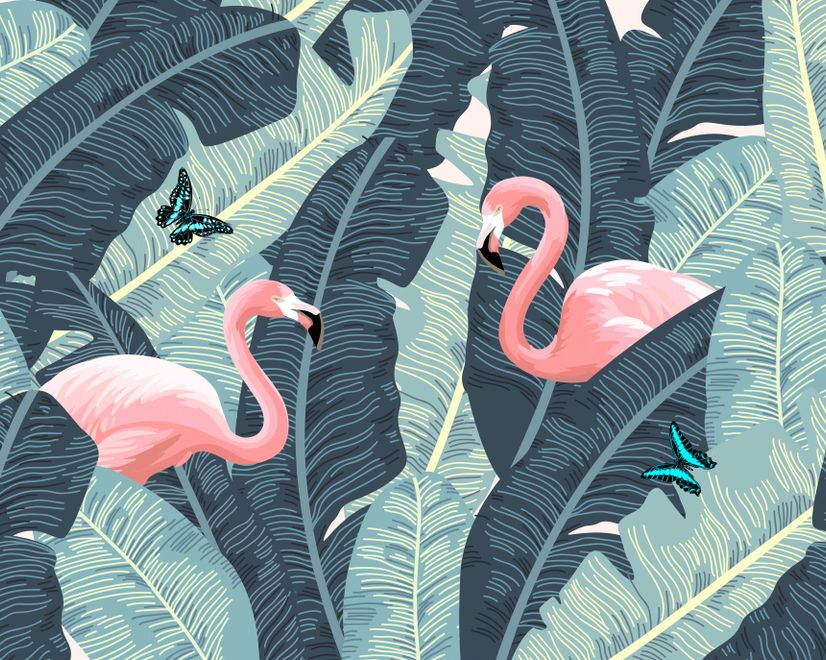 Tropical Banana Leaf with Pink Flamingo Wallpaper Mural