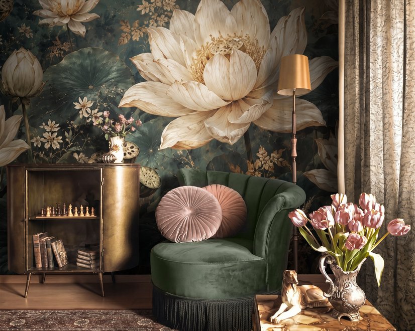 Ivory lotus flowers and seed pods on charcoal teal lily pads in a botanical lotus wallpaper mural