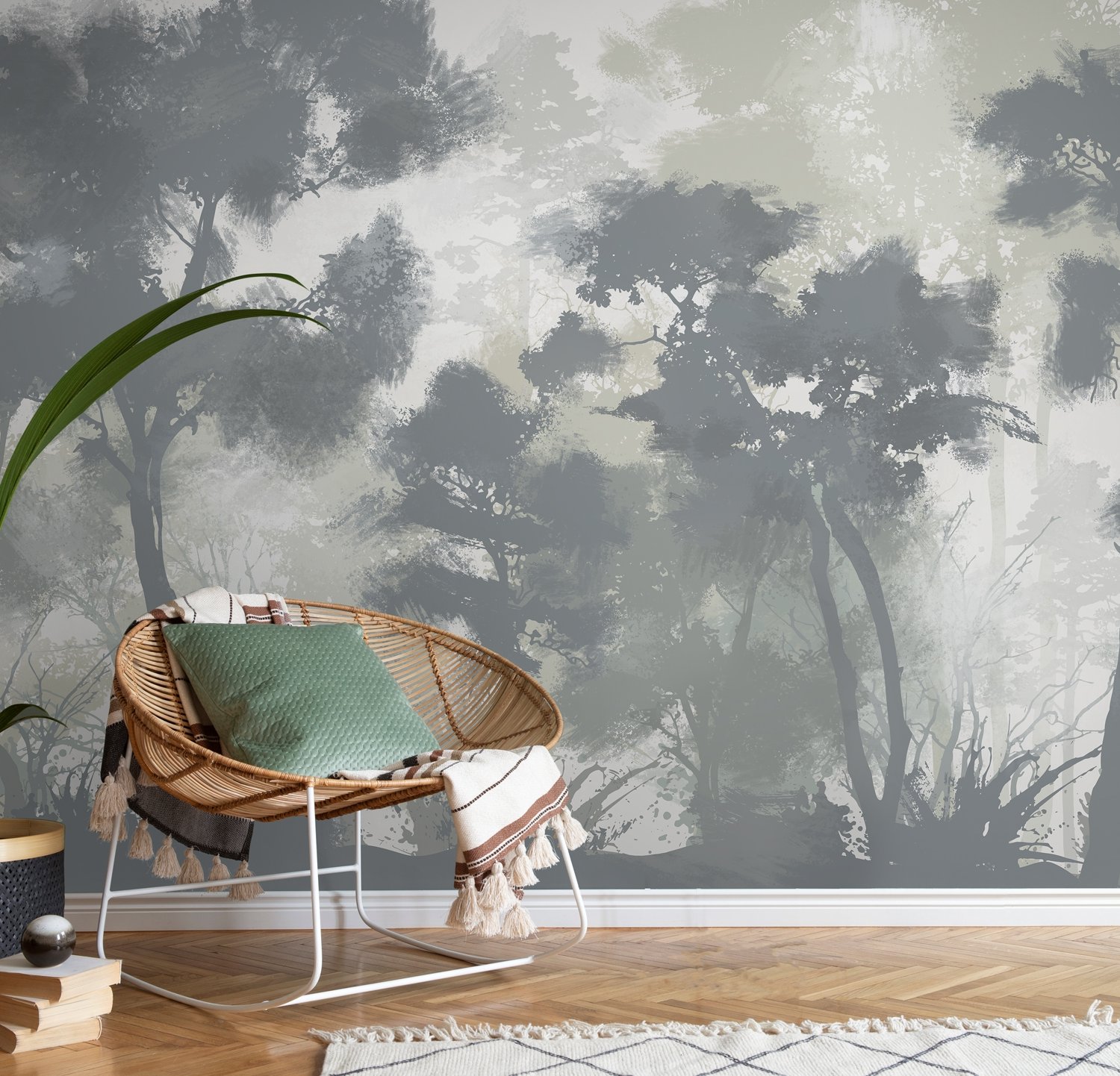Monochrome Forest Silhouette Landscape Wallpaper Mural - Peel and Stick