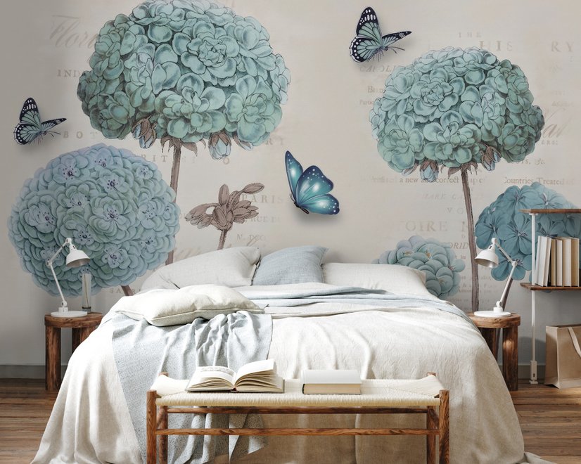Light Blue Hydrangea Flowers and Butterflies Wallpaper Mural