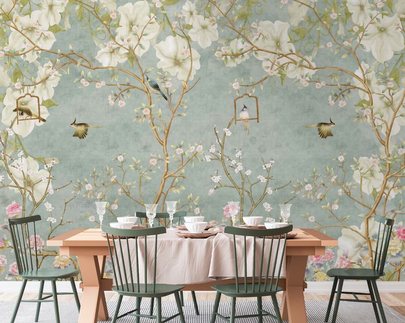 Soft Chinese White Florals with Birds Wallpaper Mural