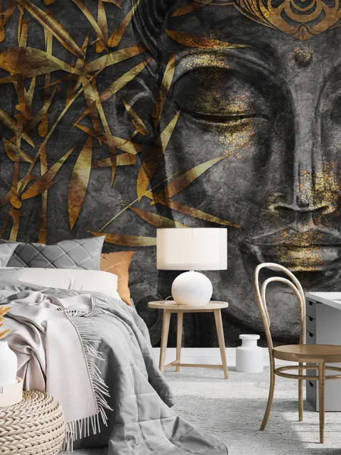 3D Look Concrete Buddha Face and Leaves Wallpaper Mural