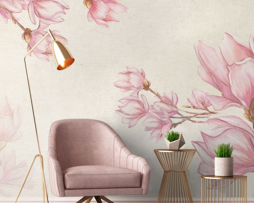 Watercolor Pink Magnolia Blossom Wallpaper Mural