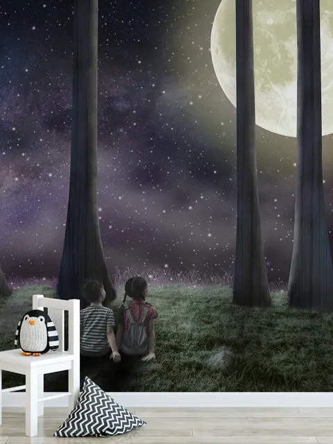 3D Look Moon Landscape with Cute Kids Wallpaper Mural