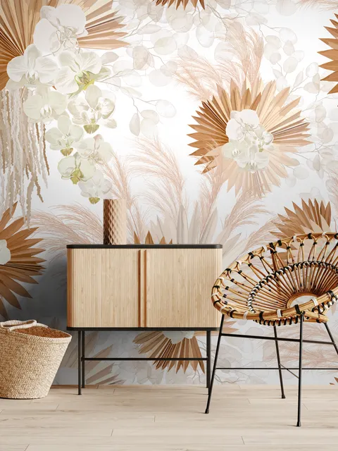 Neutral Boho Plants with Palm Leaf Wallpaper Mural