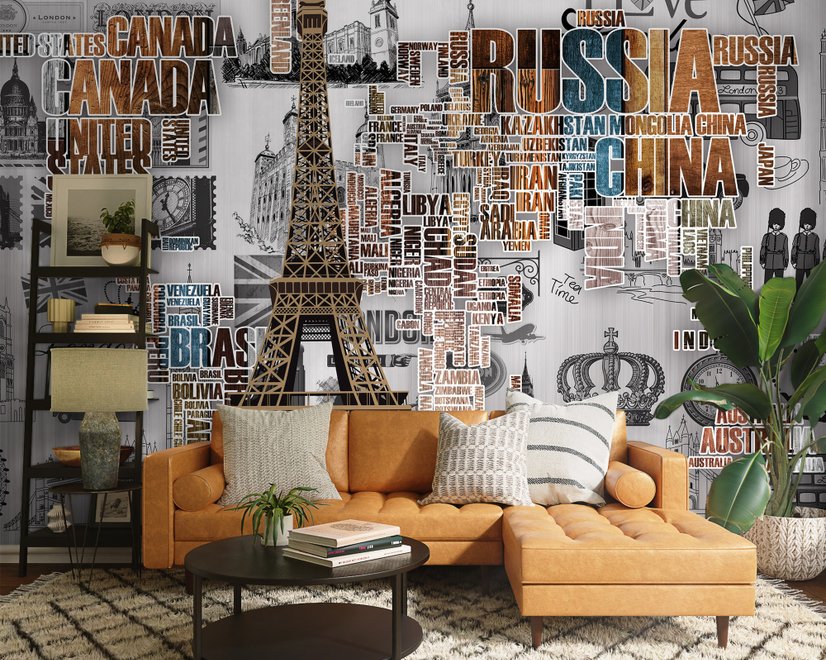 Eiffelturm und Länder-Typografie Fototapete