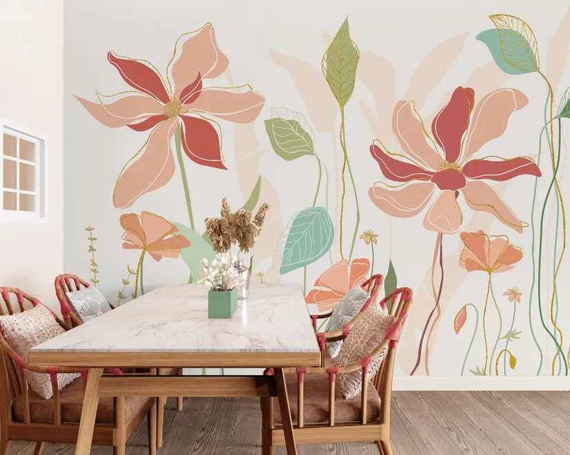 Papier peint panoramique floral doré pour le jardin