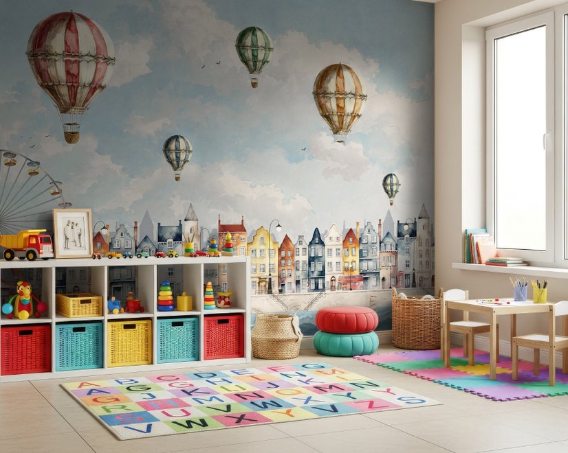 Kids Harbor Village and Hot Air Balloons Wallpaper Mural