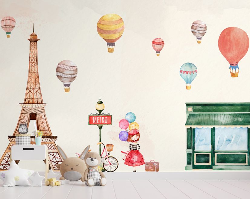 Eiffel Tower and Little Hot Air Balloon Wallpaper Mural