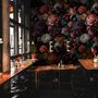 Vintage peony wallpaper mural with plum, blush and ivory flowers, dark foliage and small hummingbirds