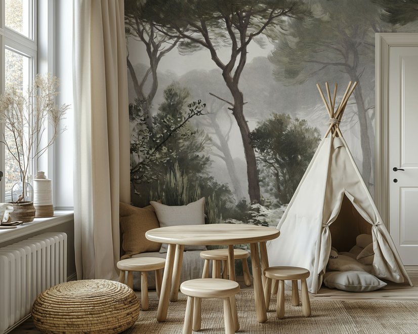 Forest in fog wallpaper with tall pine trees, grey mist, shrubs and a spiky palm in watercolour.