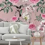 Papier peint panoramique vintage rose avec petits oiseaux