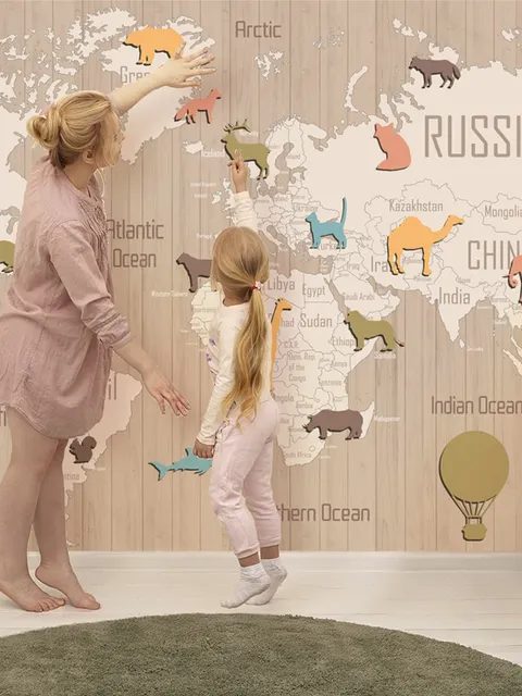 Kids Wooden Style World Map with Colorful Animal Silhouette Wallpaper Mural