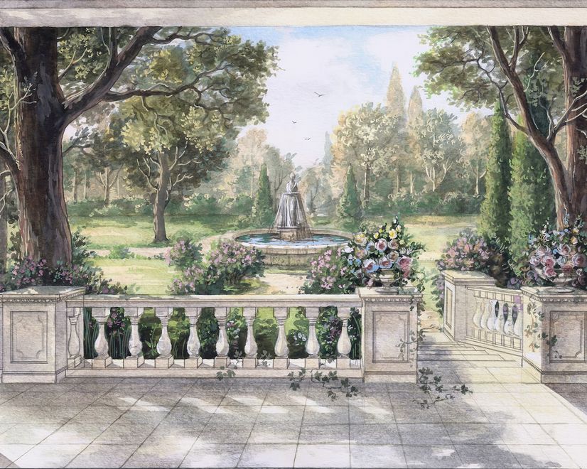 Soft Drawing Forest with Marble Fountain Wallpaper Mural