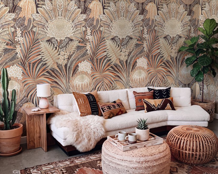 Vintage Terracotta Tropical Flowers and Leaves Wallpaper Mural