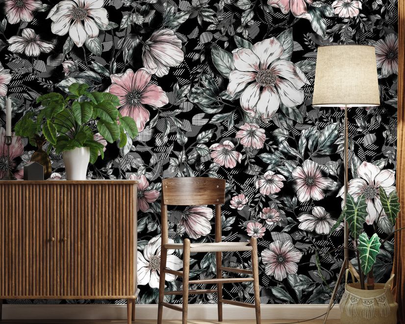 Dark Floral with White Daisy Wallpaper Mural