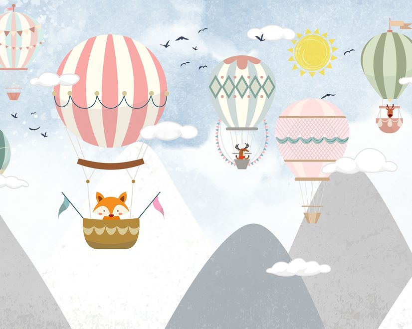 Kids Cartoon Mountain Landscape and Hot Air Balloon Wallpaper Mural