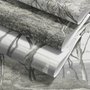 Coastal woodland wallpaper mural with grey trees, sandy path, sea horizon and small white sailboats