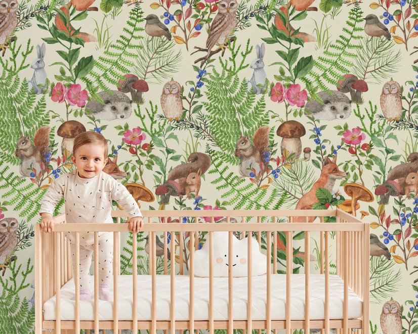 Papier peint panoramique aquarelle mignons enfants animaux dans la forêt