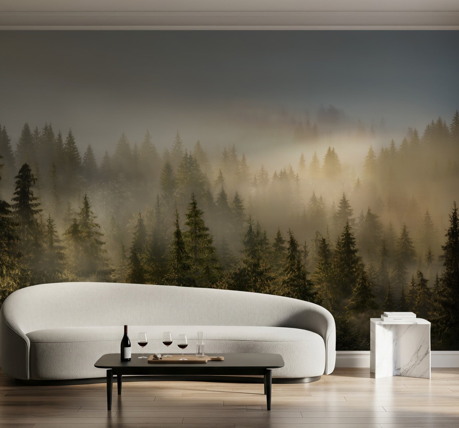 Foggy Pine Forest Landscape Wallpaper Mural - Peel and Stick