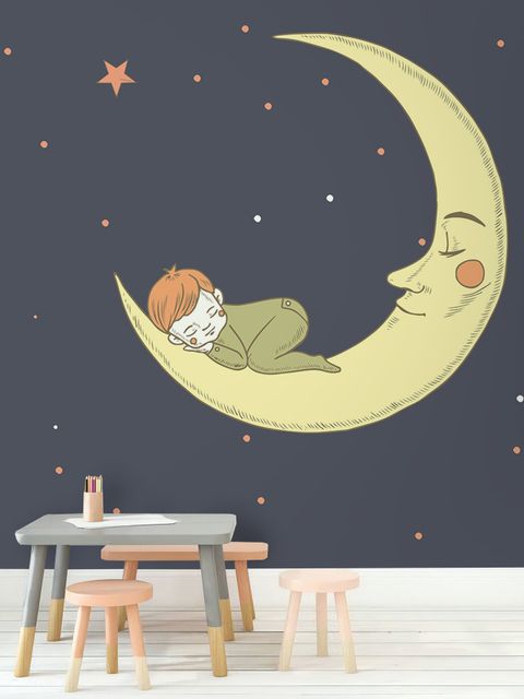 Papier peint panoramique de la lune avec un petit enfant et le ciel nocturne