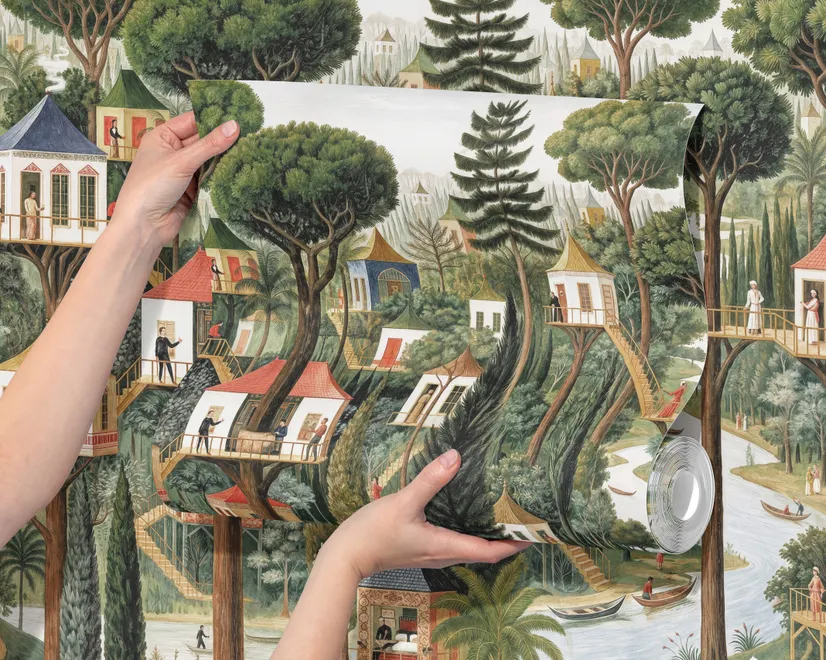 Architectural design wallpaper mural of forest treehouses, rivers, boats and small figures in green watercolour