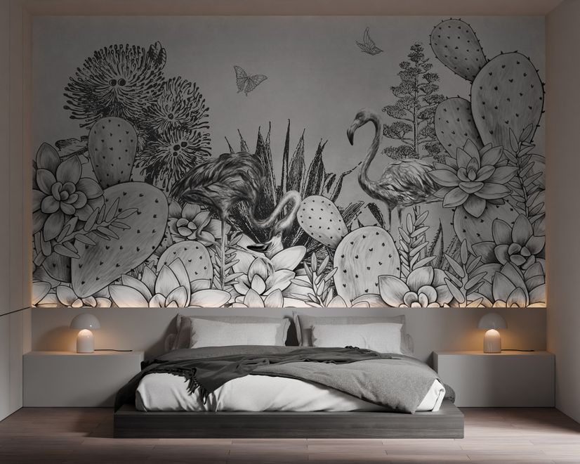 Monochrome Cactus Floral with Flamingo Drawing Wallpaper Mural