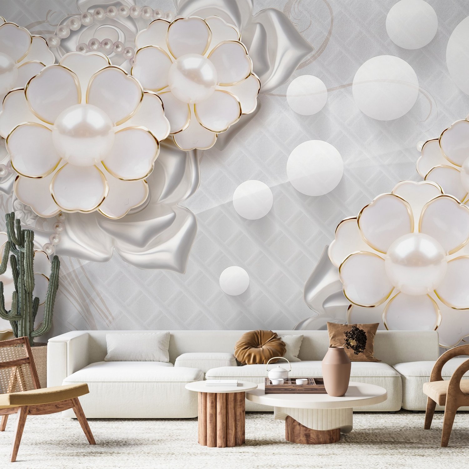 3D Look White Pearl Flower Wallpaper Mural - Peel and Stick