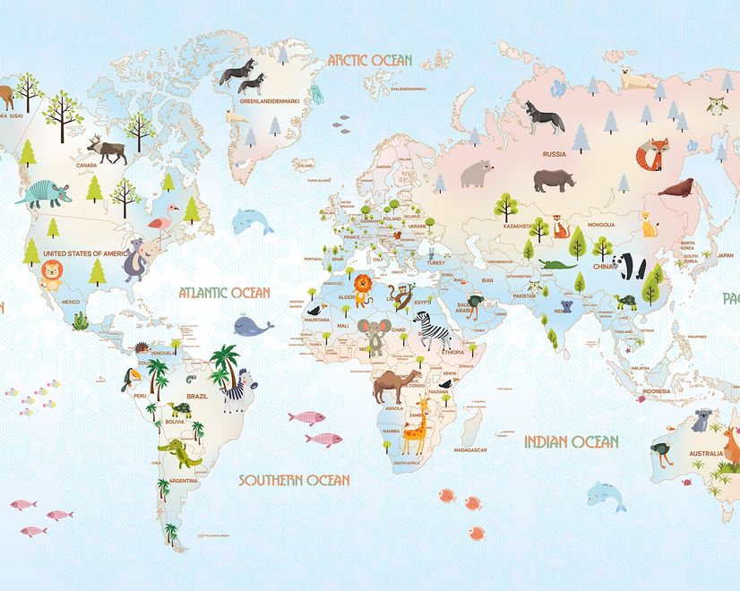 Kids Blue Pink Yellow World Map with Cartoon Animals Wallpaper Mural