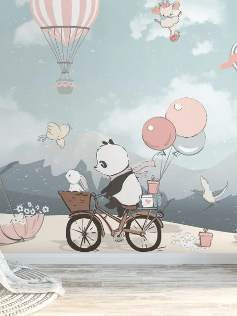 Kids Cute Panda Bicycle with Hot Air Balloon Wallpaper Mural