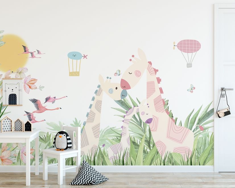 Nursery Tropical Landscape with Cute Girrafes Wallpaper Mural