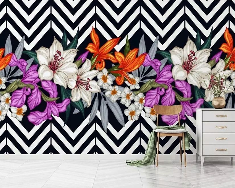 Colorful Flowers with Black White Stripe Patterned Wallpaper Mural