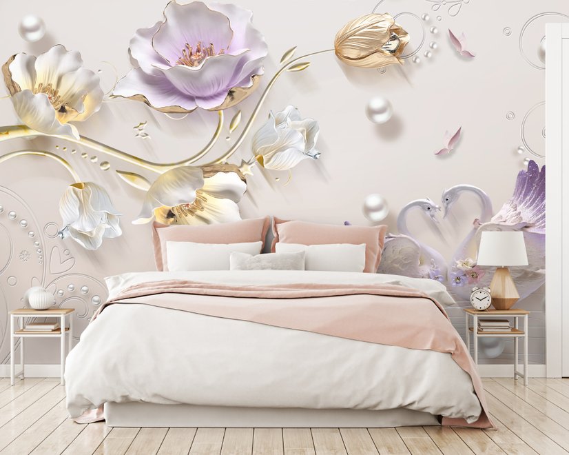 Papier peint panoramique tulipes florales et cygnes aspect 3D relief