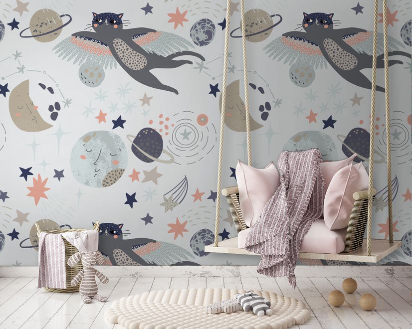 Cat Flying Over The Moon and Stars Wallpaper Mural