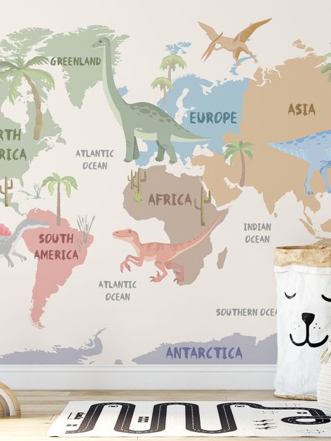 Papier peint carte monde dinosaures enfants