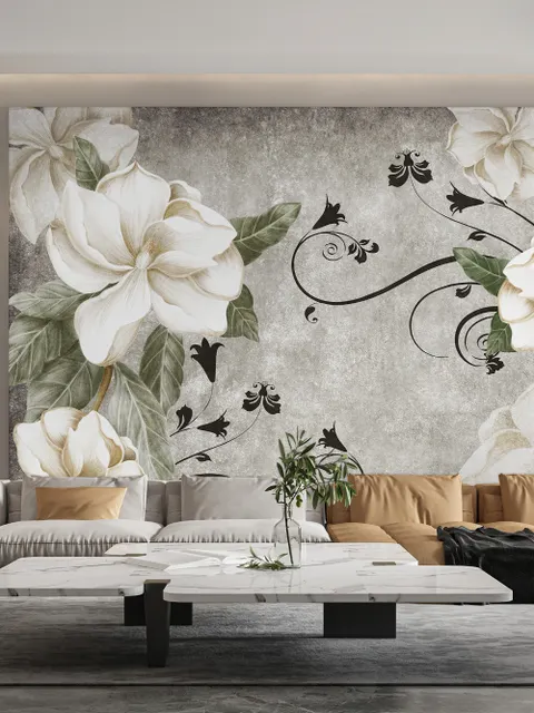 Papier peint art fleurs vintage crème
