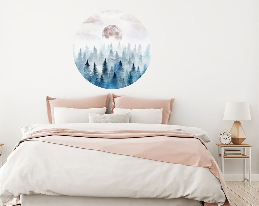 Foggy Forest with Rising Moon Landscape Circle Wall Decal Sticker